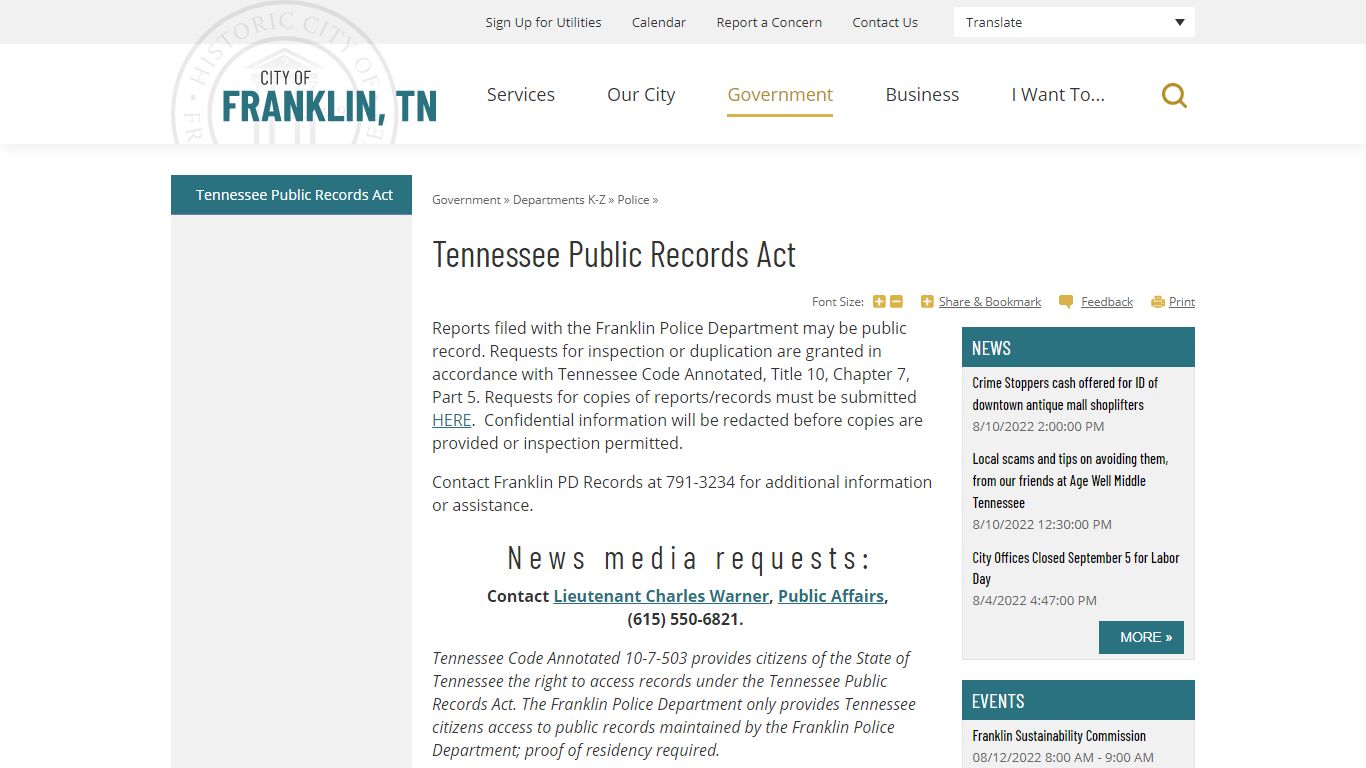 Tennessee Public Records Act | City of Franklin, TN